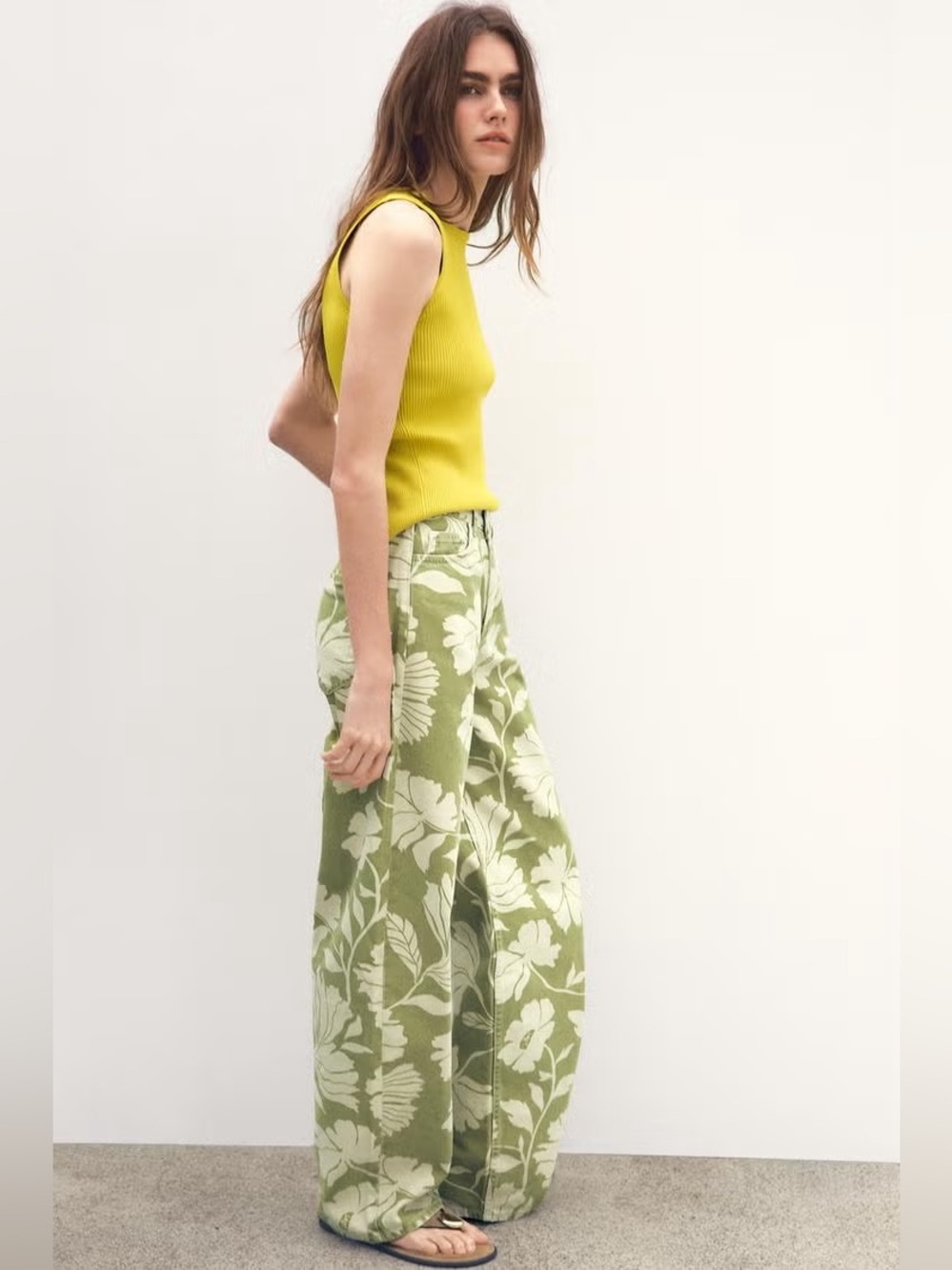 Zara Green Floral Wide-Leg Pants